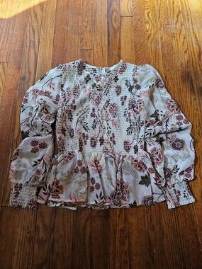 Olivaceous Floral Smocked Peplum Blouse - Ivory, Pink & Green